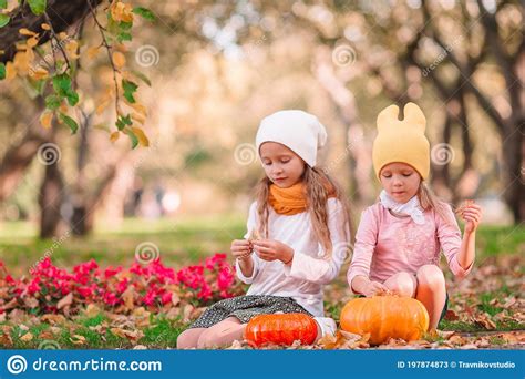 Little Adorable Girls Outdoors at Warm Sunny Autumn Day Stock Image - Image of colorful, child ...