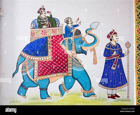 India, Rajasthan, Udaipur, Rajasthani Folk Art, wall painting of Rajput ...