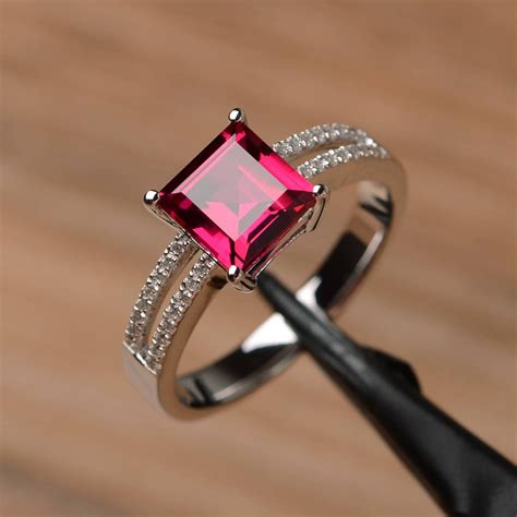 Lab Ruby Ring Square Cut Sterling Silver Engagement Ring Red - Etsy