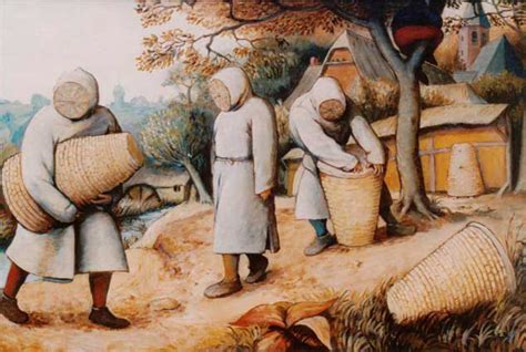 an image of three people working in the woods with buckets and baskets ...