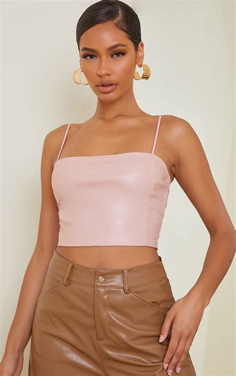 Light Pink Faux Leather Crop Top | Tops | PrettyLittleThing