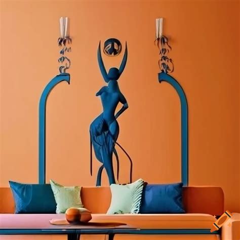 Art deco living room with orange and blue color scheme on Craiyon