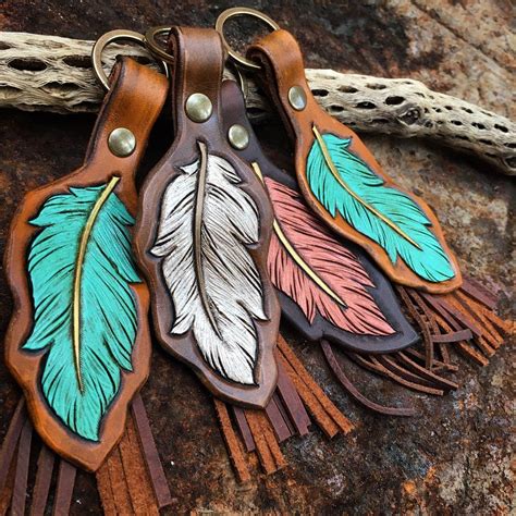 Feather Keychain | Leather working patterns, Leather keychain, Leather carving