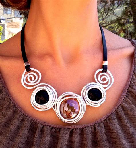 Black Leather Statement Necklace Silver Necklace Wrapped - Etsy | Silver necklace statement ...