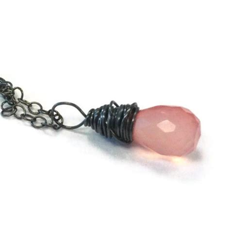 Pink Chalcedony Drop Necklace Sterling Silver Oxidized Chain - Etsy