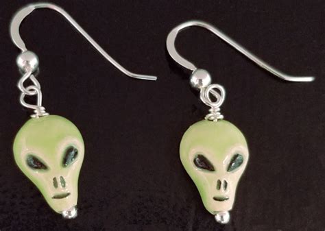 Alien head green ceramic and sterling silver handmade dangle earrings – Shop Iowa