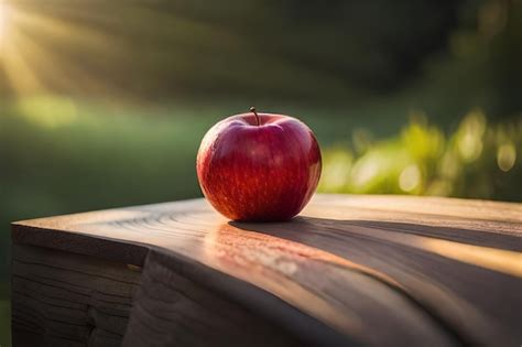 Premium AI Image | a red apple on a wooden table with the sun behind it.