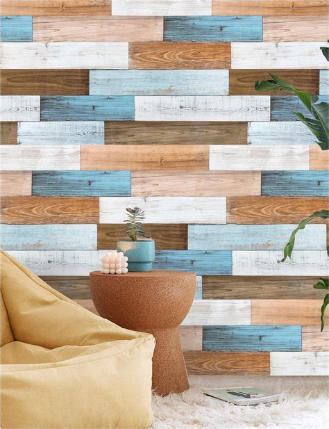 HaokHome 92057 Peel and Stick Wood Removable Wallpaper 17.7"x 9.8ft Brown/White/Blue Vinyl Self ...