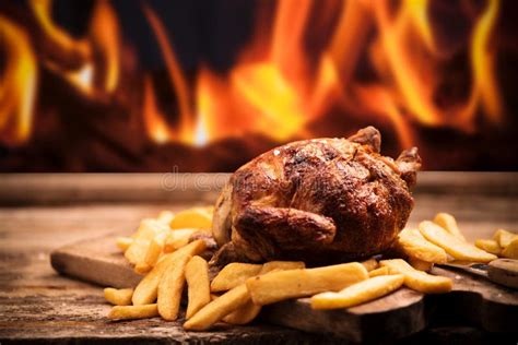 Grilled Chicken with Fire Grill Background Stock Photo - Image of steak ...