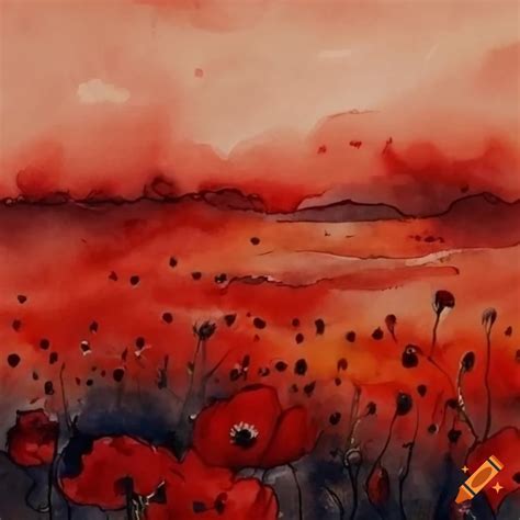 Watercolor painting of dark poppies field