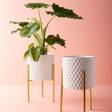 White Geometric Ceramic Planter With Golden Stand Plant Decor Indoor ...