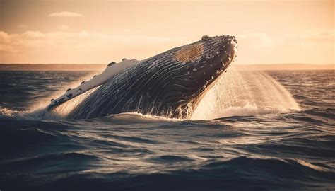 Humpback whale breaching in sunset seascape, spraying water and jumping generated by AI 24615442 ...