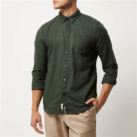 Lyst - River Island Dark Green Linen-rich Shirt in Green for Men