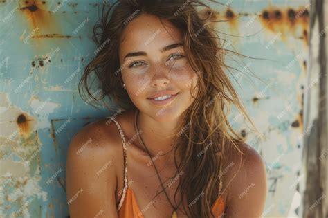 Premium Photo | Portrait of a Young Woman Smiling with Freckles Against Rustic Metal Background ...