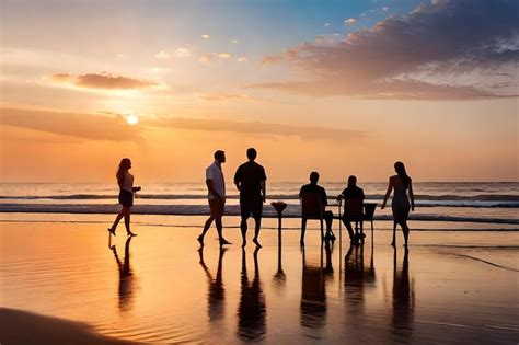 Premium Photo | People on a beach at sunset with a sunset in the background