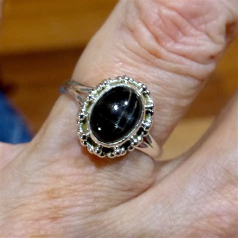 Black Star Sapphire Ring, Cabochon Oval, 925 Silver, KS – Crystal Heart