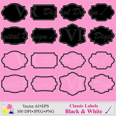 Labels Clip Art, Frames Clipart, Black and White Digital Labels Frames ...