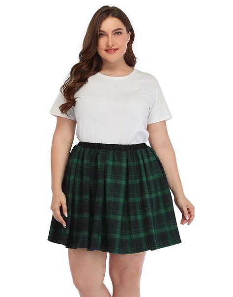 HDE Plus Size Plaid Skirt Lingerie Pleated Mini Skater Skirts (Green and Black Plaid, 26-28 ...