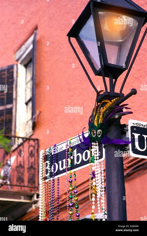 Bourbon Street Sign with Mardi Gras Beads New Orleans Louisiana USA ...