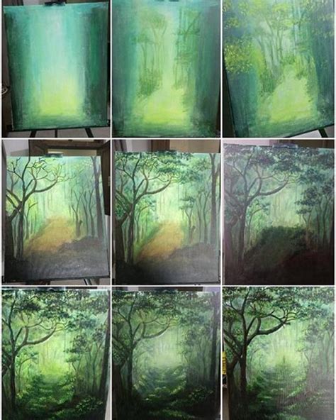 Step By Step Forest Acrylic Painting By Artist Mahith - Fine Art Blogger | Forest painting ...