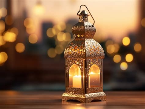 Premium AI Image | A gold lantern with the lights on in the background