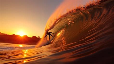 Premium AI Image | A Photo of a Surfer Catching a Wave at Sunset