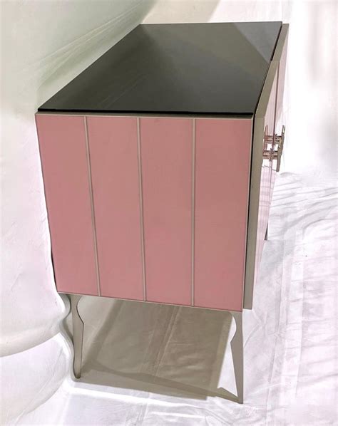 Modern Italian Custom Art Deco Style Rose Pink Black Glass Brass Cabinet /Bar For Sale at 1stDibs
