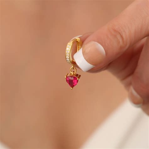 Pave Heart Ruby Earrings Ruby Heart Hoop Earrings Everyday Red Crystal ...