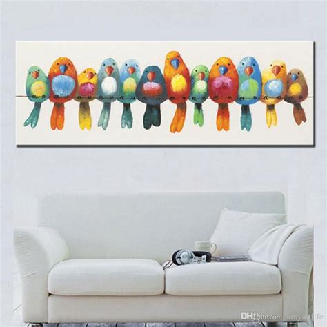 funny hand painted canvas oil painting colorful birds canvas art cute lovely bird picture ...