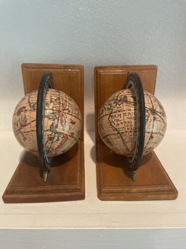 Vintage Globe Wood Bookends Old World Map Rotating Spinning made in Japan 5x5" | #4629213553