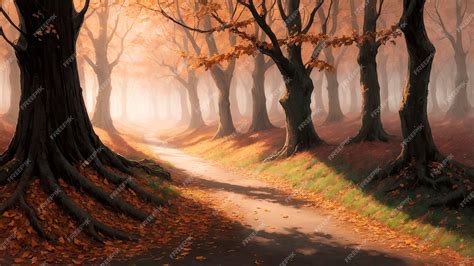 Premium AI Image | A painting of a path through a forest with autumn ...