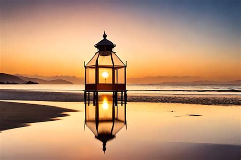 Premium Photo | A lighthouse on the beach at sunset