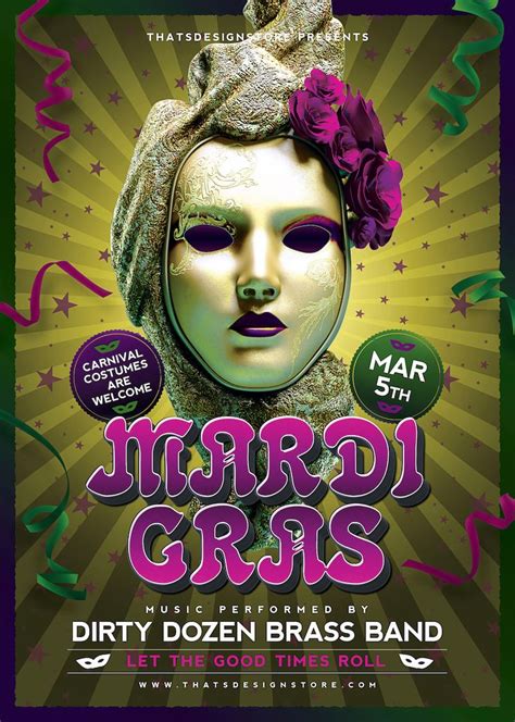 Mardi Gras Flyer Template Mascarade Party, Brass Band, Good Times Roll, Flyer Design Templates ...