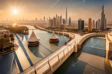 Premium Photo | A bridge over a river with a view of the dubai skyline