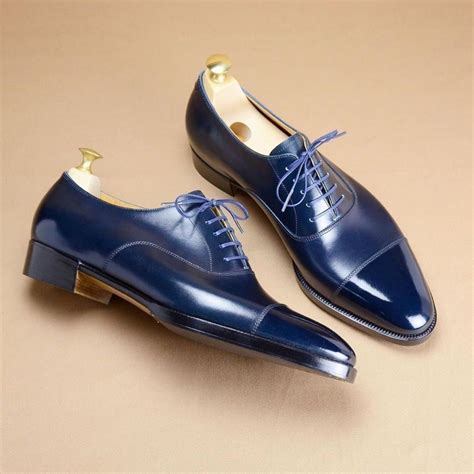 Handmade Leather Oxford Navy Blue Colour Cap Toe Formal Dress Shoes For ...