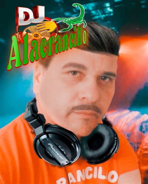 a man in an orange shirt with headphones around his neck and the words dj alegrano above him