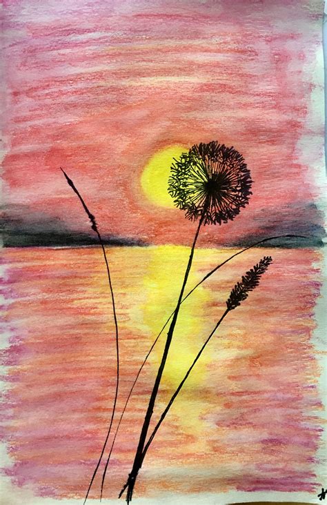Sketch done with watercolor pencil and pen #sketchbook #art #drawing #easyart #sunset #dandelion ...