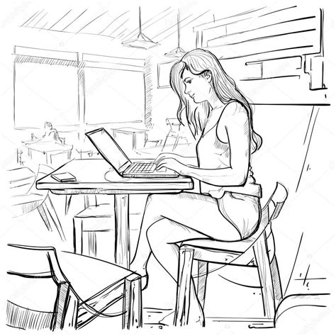 Girl Typing On Laptop Computer, Sketch Young Woman Chatting Online Sitting On Chair Living Room ...