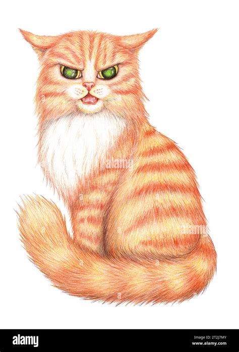 Colored pencil illustration of an angry ginger cat. Kitten with ...