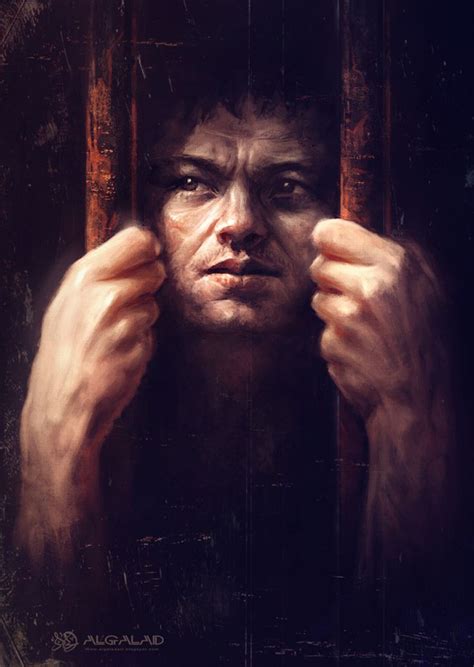 a painting of a man behind bars holding his hands up to his face and looking at the camera
