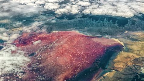 Lake Natron - Aerial view of Lake Natron, found near Mount Kilimanjaro in Tanzania, with bright ...