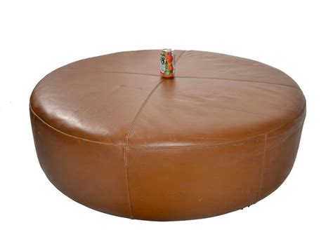 1980 Round Oversized Faux Brown Faux Leather Ottoman Footstool Pouf Contemporary For Sale at 1stDibs