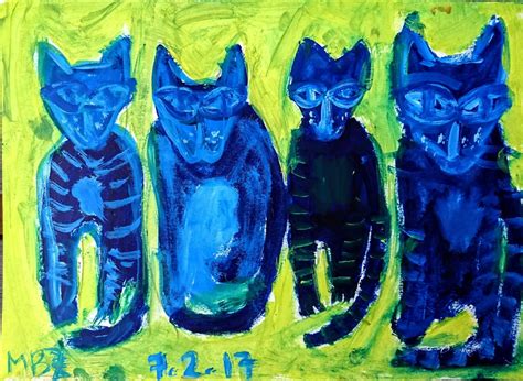 Cuatro gatos azules sobre fondo amarillo. | Dibujos y pinturas de EmeBeZeta