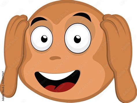 Vector emoticon illustration of the head of a cartoon monkey covering his ears with his hands ...