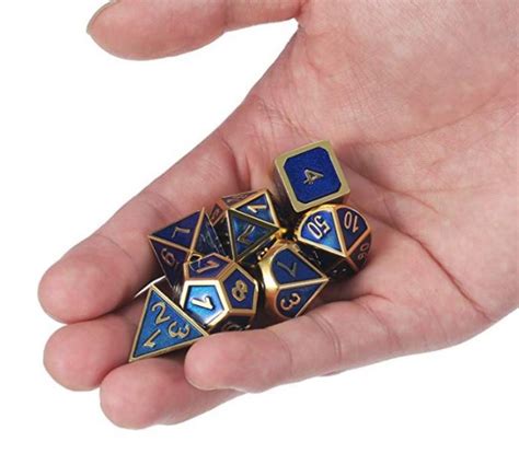 Set of 7 Metal Dice Shiny Gold with Blue Enamel Paint Polyhedral Dice ...