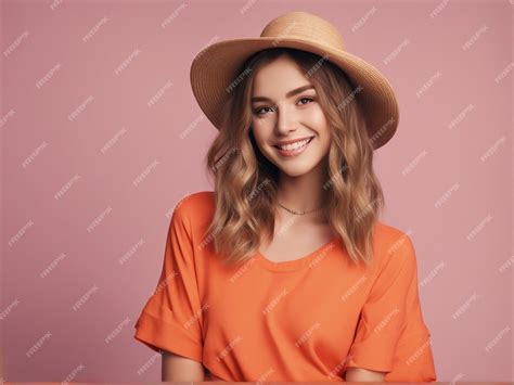 Premium AI Image | A australian girl wearing trendy bright orange color clothes and round hat