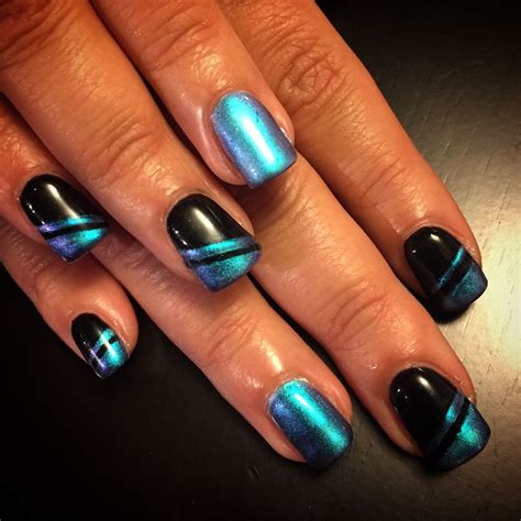 Indigo and violet duo chrome stripes on glossy black. Gorgeous minimalistic nails that pack a ...