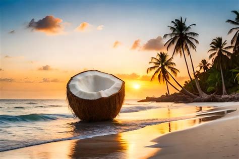 Premium Photo | A coconut on the beach at sunset