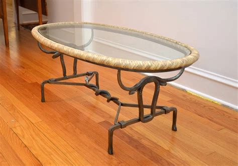 UNIQUE Vintage Hand Forged Iron Coffee Table w Glass Top – Braided Leather Edge – Western SNAKE ...