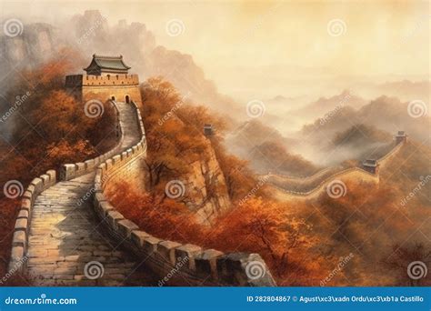 Watercolor Drawing Painting of the Great Wall of China. Stock Illustration - Illustration of ...